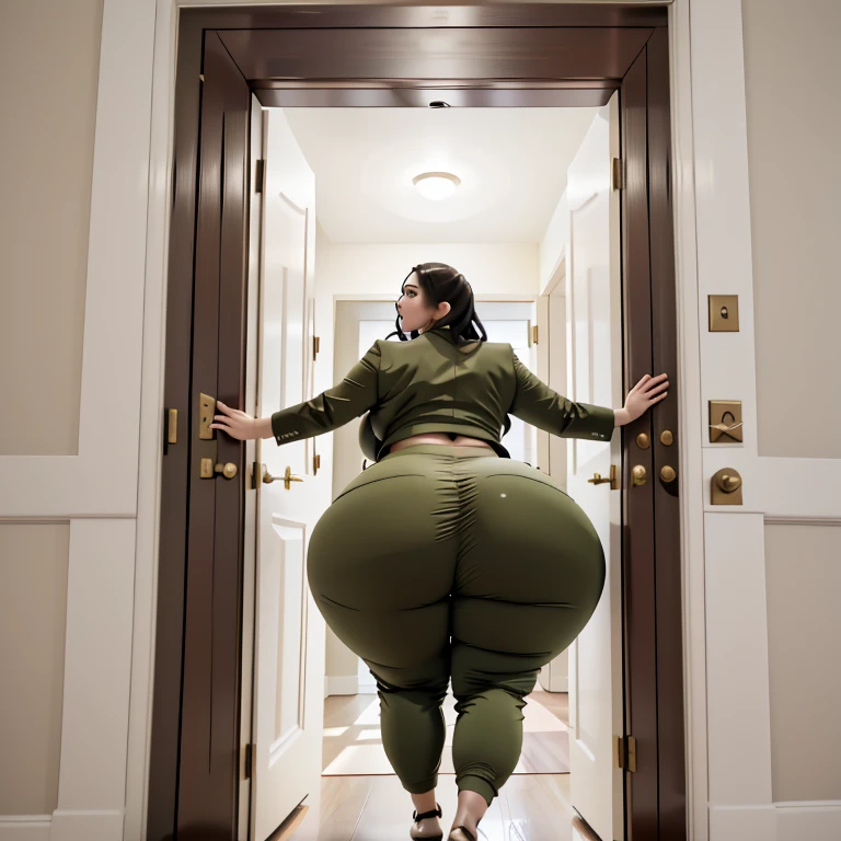 masterpiece, 1girl behind a doorway, from behind, (doorstuck, stuckback:1.3), ssbbw ,huge wide hips, round belly, thick thighs, giant butt,colorful clothing, wearing a olive green suit and tie and formal pants, upset, desperately trying to wiggle through, she tries to free herself but she won't budge, she is stuck tight view from below, she is too wide, the doorway is quite narrow too, she kicks her legs furiously, trying to wiggle her hips through the small door, but its no good, the door is too small, she keeps trying to squeeze through with frustration, she is stuck too tight