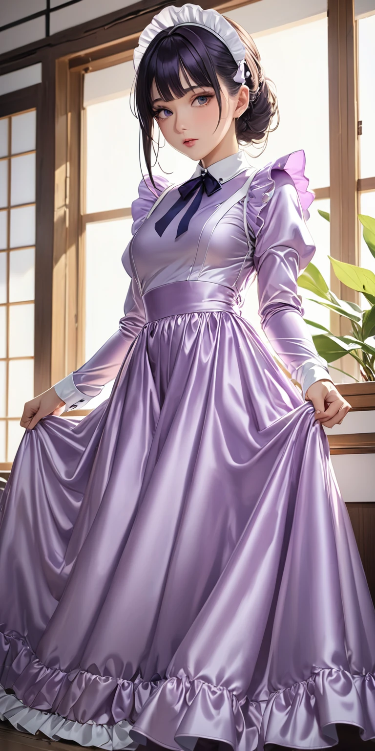 Portraiture、(masterpiece,Highest quality,Ultra-high resolution),Japanese women, (((Very beautiful 25 year old girl))),She is wearing a shiny light purple satin long sleeve maid dress.、The dress has a simple design without any patterns..、The skirt is a long skirt with frills、((Satin bodysuit))、Bright room