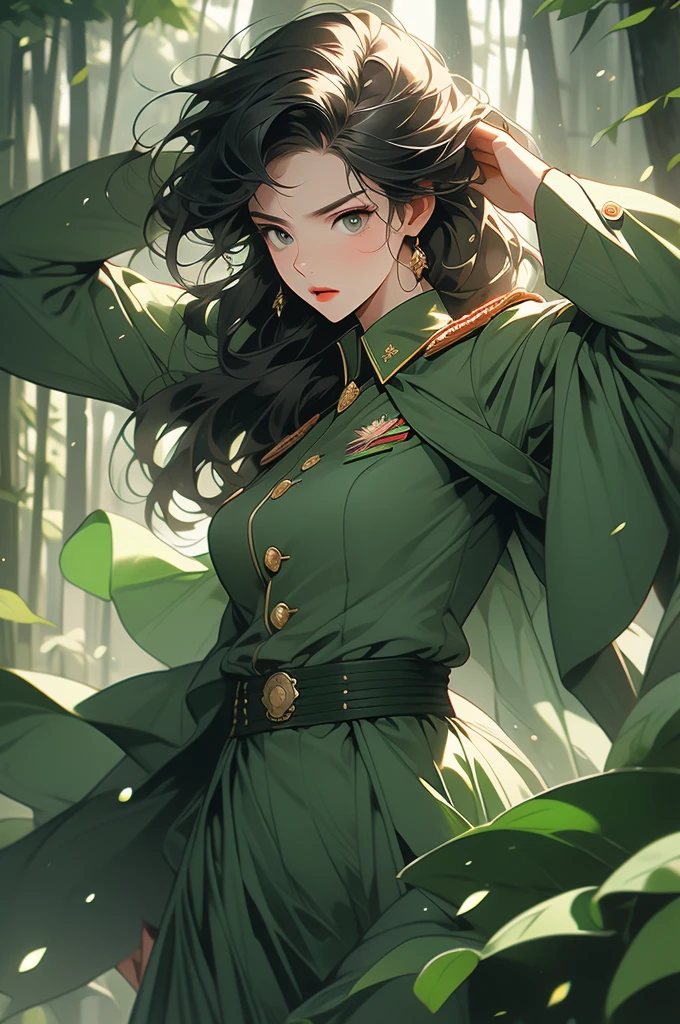 tall woman, green military uniform, soviet, black hair, saluting, shouting, serious face, green forest background, green skirt