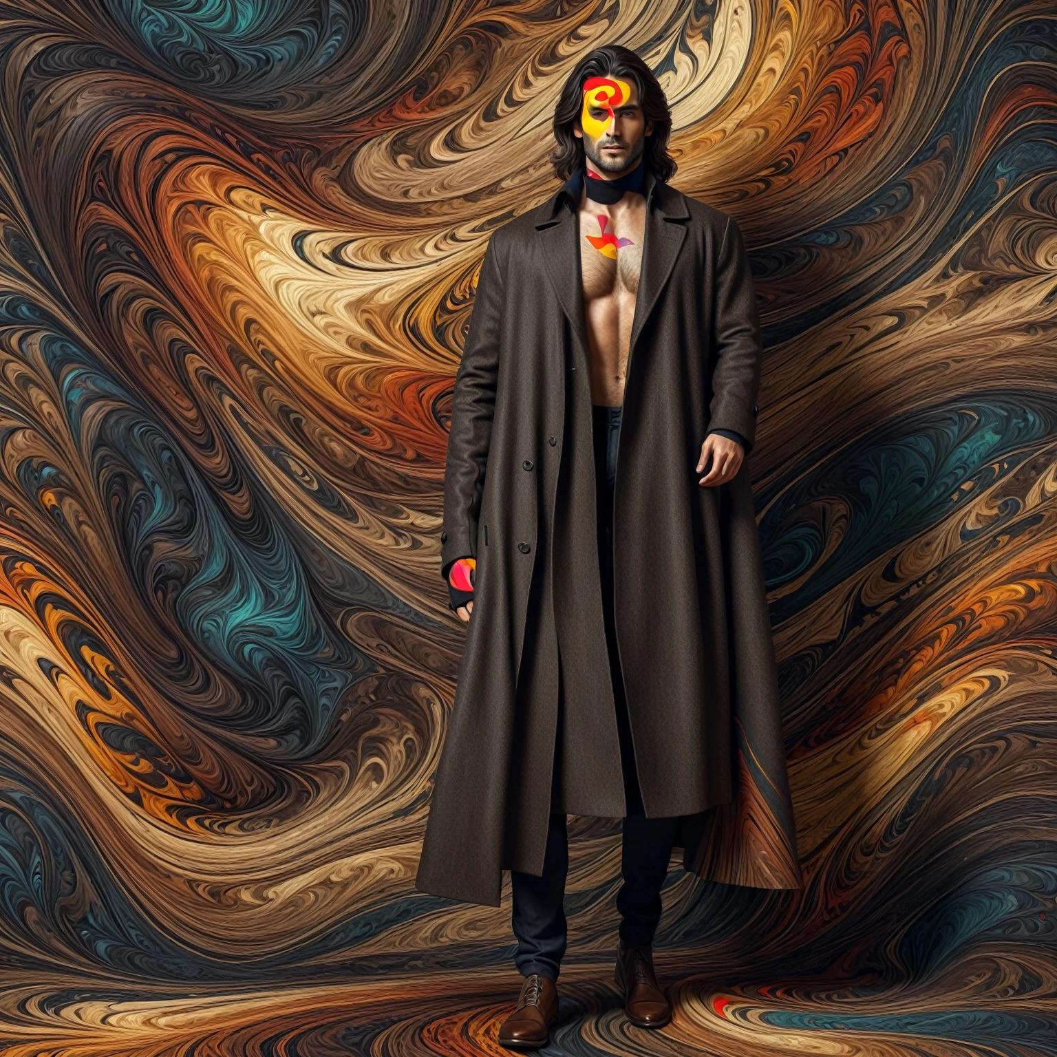 Handsome dark long-haired man in a flowing brown coat, shirtless, in full growth, high definition, HD, hyperrealism, seamless fabric pattern 8k, weave, hdr fabric textures, seamless texture, abstract texture, cross hatched, wooden match sticks 4k texture, intricate texture, detailed clothes texture, tileable texture, high resolution texture, stylised textures, detailed texture, fractal texture, hyperdetailed texture, stylized layered textures
