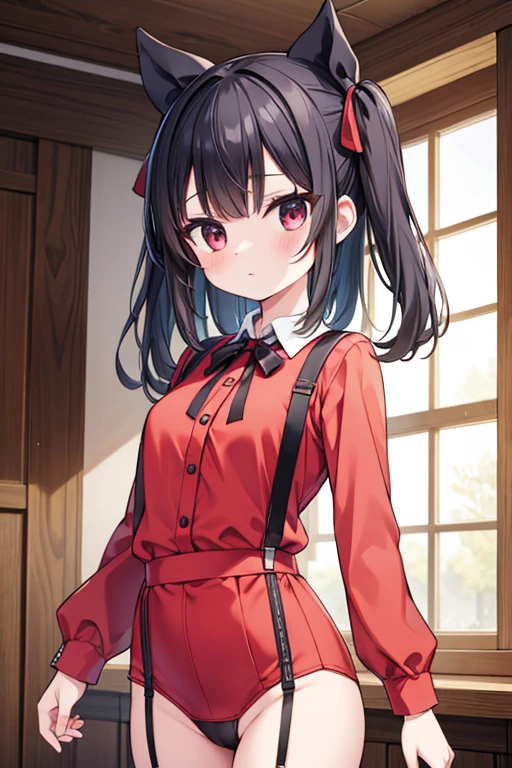 best qualityer, ame-chan, work of art, 1 girl, standing alone, breasts small, cowboy shot, suspenders, red shirts, black ribbon