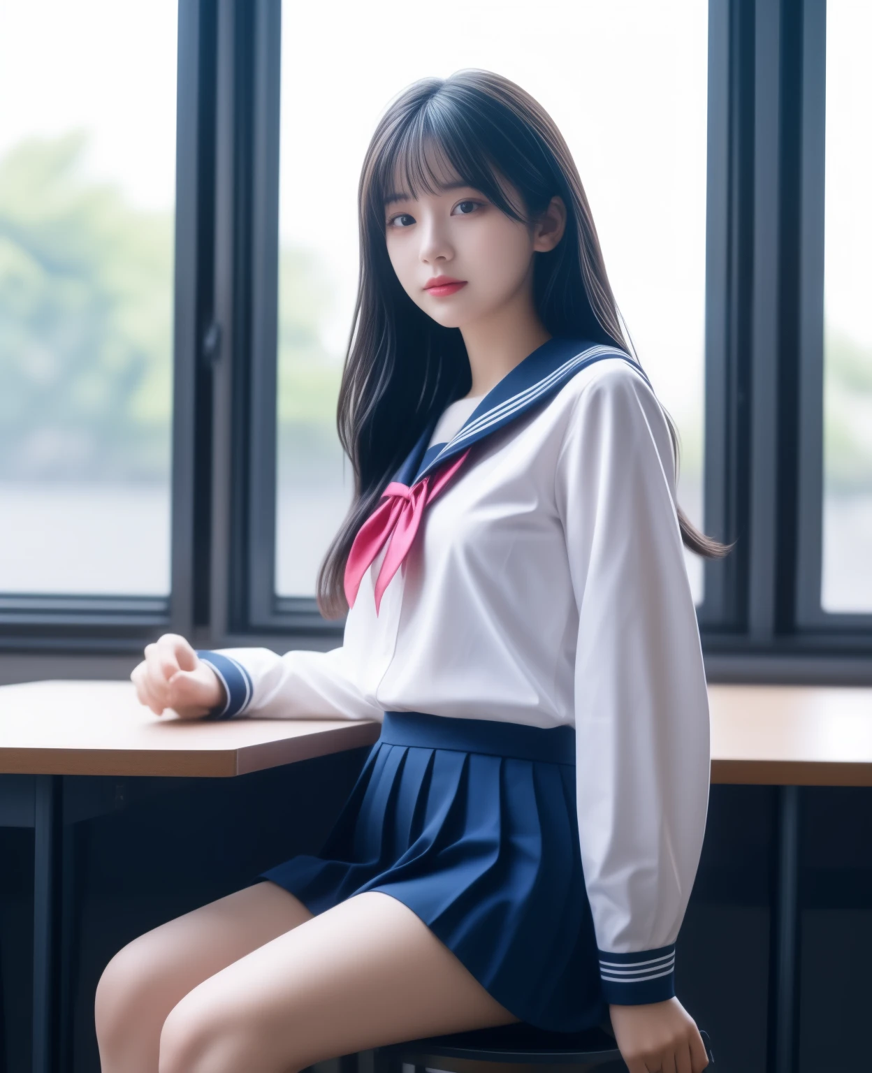 (masterpiece, 8k, best quality:1.2), sitting in the classroom, panty visible, 1girl, 18 years old, sailor uniform, beautiful detailed eyes, beautiful detailed lips, extremely detailed face and features, long eyelashes, school interior, desk, chair, window, sunlight, realistic, photorealistic, vivid colors, cinematic lighting, warm tones, highly detailed