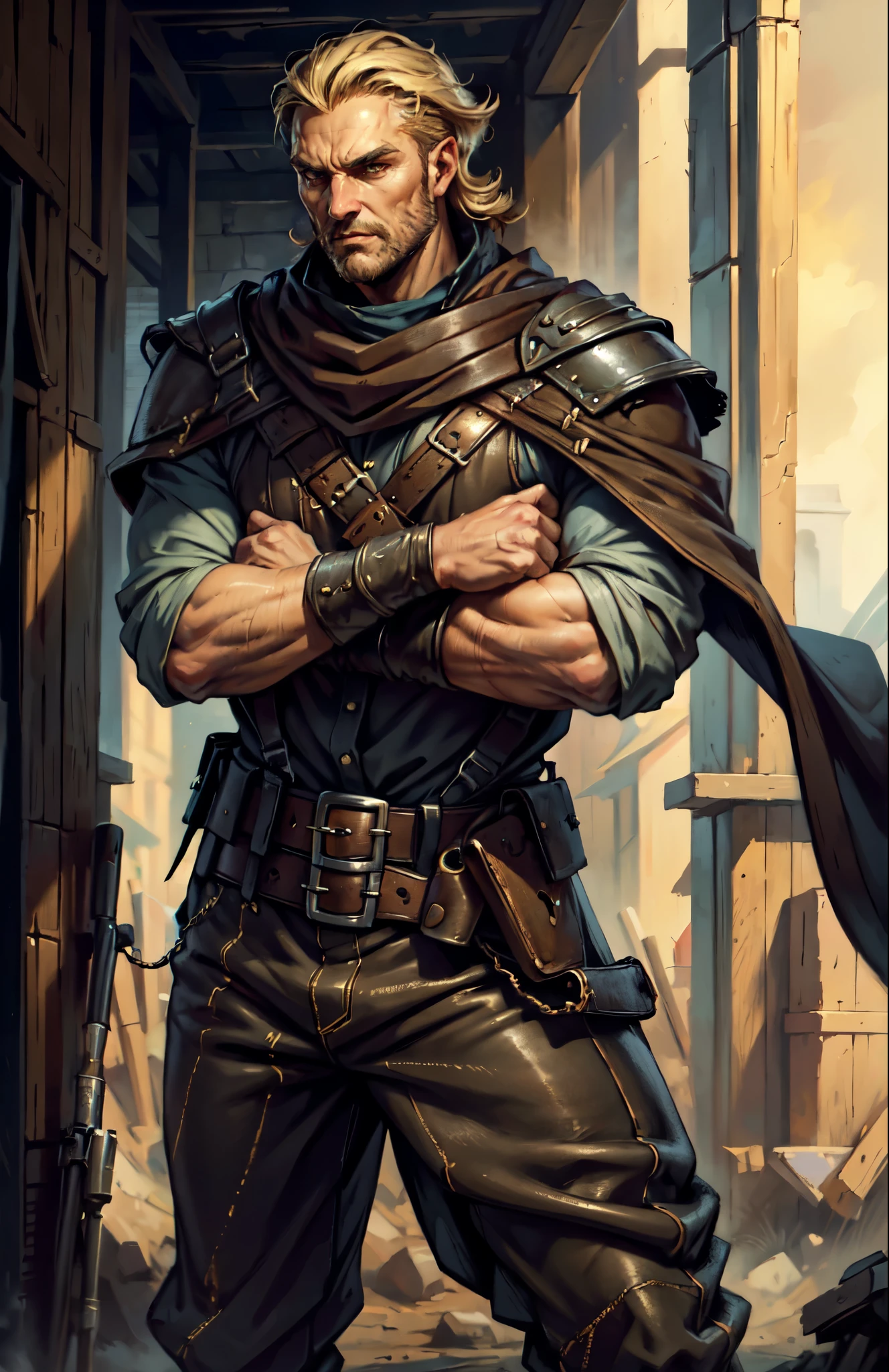 (masterpiece:1.2, best quality:1.2, extremely delicate:1.2), ((male:1.5)), a middle-aged man with short black and gold hair, rugged eyebrows, a full beard, downturned triangular eyes, an arrogant expression, mouth open laughing, a tall and robust build, a fantasy western-style cape and leather coat, his arms crossed over his chest, a leather utility belt, loose canvas trousers, standing majestically on a barren hillside, this character embodies a finely crafted fantasy western-style overlord in anime style, exquisite and mature manga art style, dramatic, high definition, highres, ultra-detailed, ultra-fine painting, professional, perfect body proportions, golden ratio, anatomically correct, symmetrical face, extremely detailed eyes and face, high quality eyes, creativity, RAW photo, UHD, 32k, Natural light, cinematic lighting, (masterpiece-anatomy-perfect:1.2)