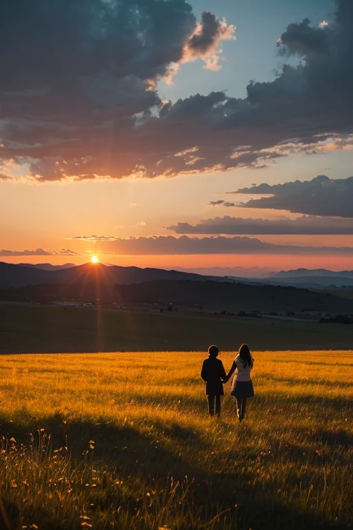 Twilight Sky**: A sunset sky with soft orange and purple hues。
- **Windy steppe**: A lush green grassland spreads out、Grass swaying in the wind。
- **Shining starry sky**: At night、Countless stars twinkle in the sky。
- **Silhouette of two people**: 遠くに見えるSilhouette of two peopleが手をつないで歩いている。
- **Warm light**: The whole place is enveloped in a warm, soft light.