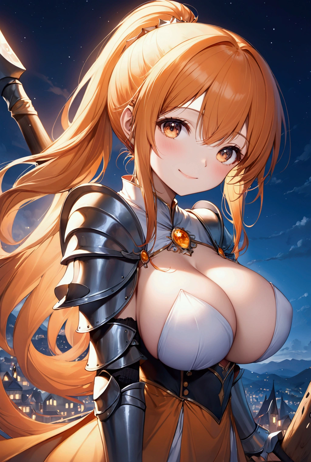 (Highest quality, 8k, 32K, masterpiece, Ultra-high resolution,:1.2),to be born, One Girl,So cute , 夜の電子世界のようなFantasy背景, clear, Shining Eyes, Age 25 ,Fair skin, Orange Girl, Long Hair, An innocent smile, Has a big axe, female knight, Fantasy, Big Breasts, Big Breasts, ponytail, Wizard,, Long Hair