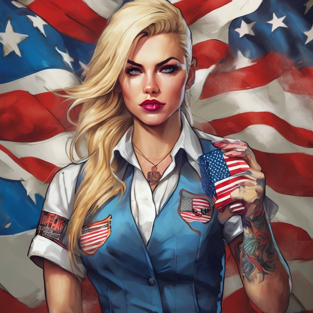 beautiful blonde waitress holding united states flag red blue white fist raised fight , colorful taatto and monkey tattoos]ap latex front portrait face to waist, advanced punk figurative art background, alex petruk style in the background written the word fitgh