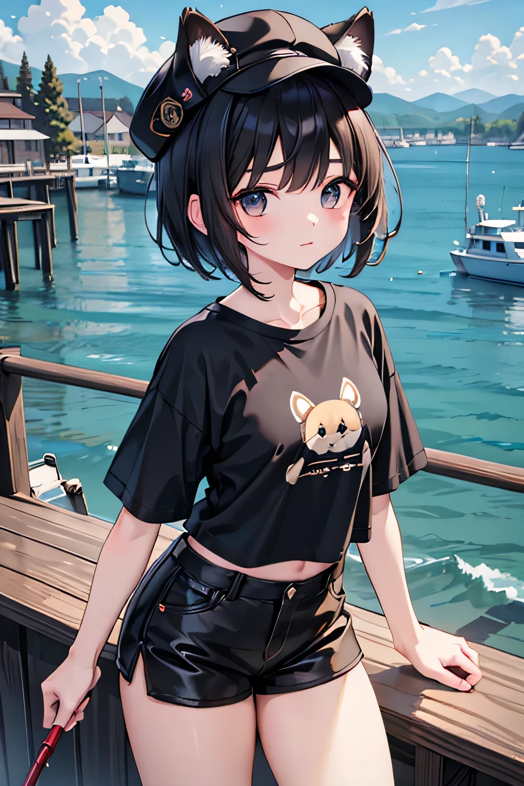 masterpiece,best quality,super detailed,super fine illustration,8k,Break 1girl,solo,Black Hair,Short Hair,Thick eyebrows,Dog ears,Break fishing port,detailed background,beautiful background,Break Fishing,rod,Break Black T-shirt,Brown shorts,hat