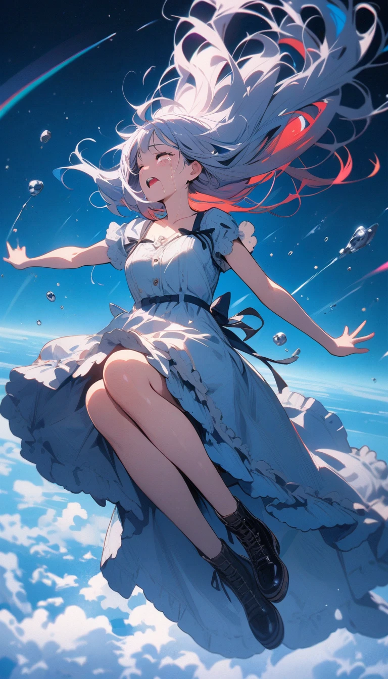 ((best quality)) , ((masterpiece)) , (detailed),Color splash, (((1girl))) , wearing Shabby Chic Wrap dress, has metallic plating, Colored hair, Fossil fuel power station in background,((full body)),(helpless),tear, crying,(((((falling from the sky))))),((Weathering With You)),((falling)),((face towards the sky)),(hair flows upwards),((disheveled hair)),(1 girl), floating, beautiful detailed sky、