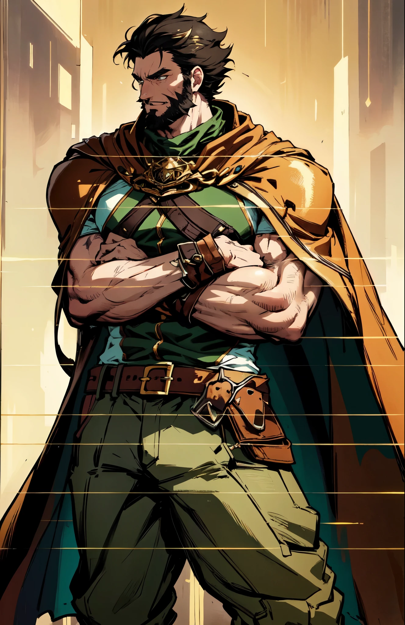 (masterpiece:1.2, best quality:1.2, extremely delicate:1.2), ((male:1.5)), a middle-aged man with short black and gold hair, rugged eyebrows, a full beard, downturned triangular eyes, an arrogant expression, mouth open laughing, a tall and robust build, a fantasy western-style cape and leather coat, his arms crossed over his chest, a leather utility belt, loose canvas trousers, standing majestically on a barren hillside, this character embodies a finely crafted fantasy western-style overlord in anime style, exquisite and mature manga art style, dramatic, high definition, highres, ultra-detailed, ultra-fine painting, professional, perfect body proportions, golden ratio, anatomically correct, symmetrical face, extremely detailed eyes and face, high quality eyes, creativity, RAW photo, UHD, 32k, Natural light, cinematic lighting, (masterpiece-anatomy-perfect:1.2)