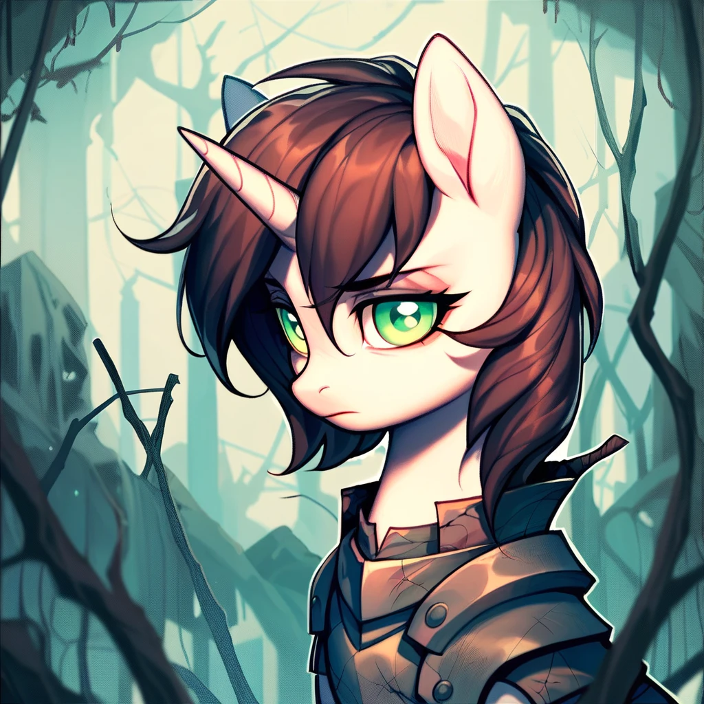 unicorn, pony, dead tree background, yellow, brown hair, green pupils, very detailed, artist, mlp style, correct anatomy, in black armor, closed neck