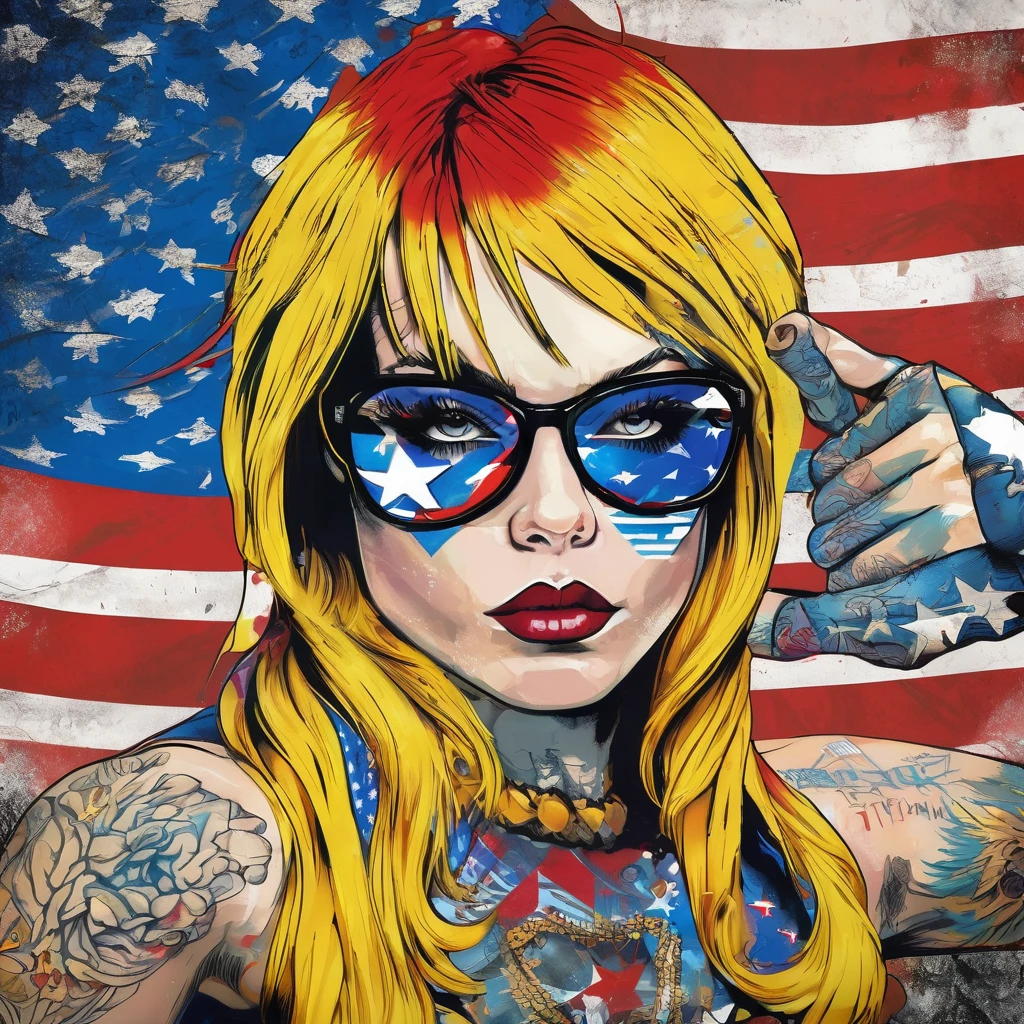 blonde woman holding red blue white united states flag fist raised fight , colorful taatto and monkey tattoos]ap latex front portrait face to waist, advanced punk figurative art background, alex petruk style in the background written the word fitgh