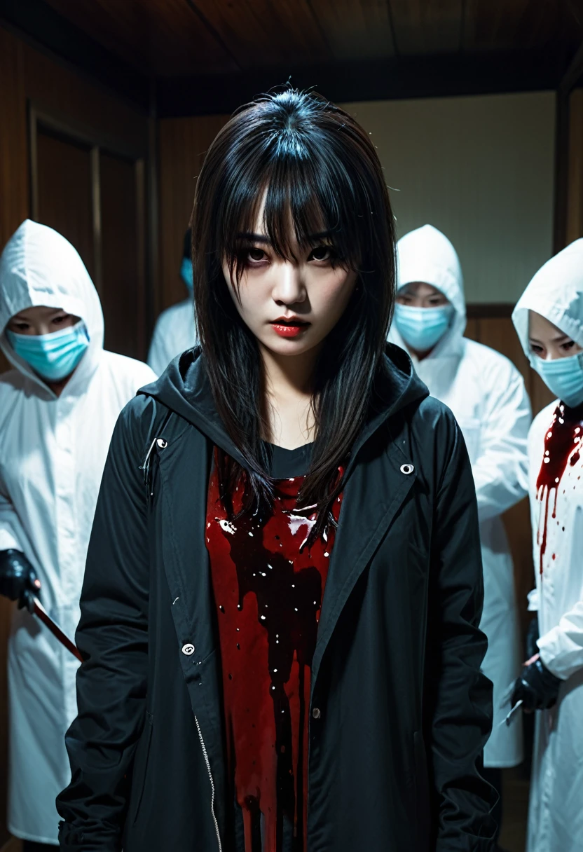 korean beautiful girl, (behind multiple corpse:1.3), (surgical mask), holding knife, stabbing, black gloves, blood splatter, room full of blood, black over size jacket, woman on top, hood up, holding knife, black gloves, behind corpse, long bangs, glamorous, night, mass murderer, robbery, dark atmosphere, cinematic lighting, atmospheric realistic,
