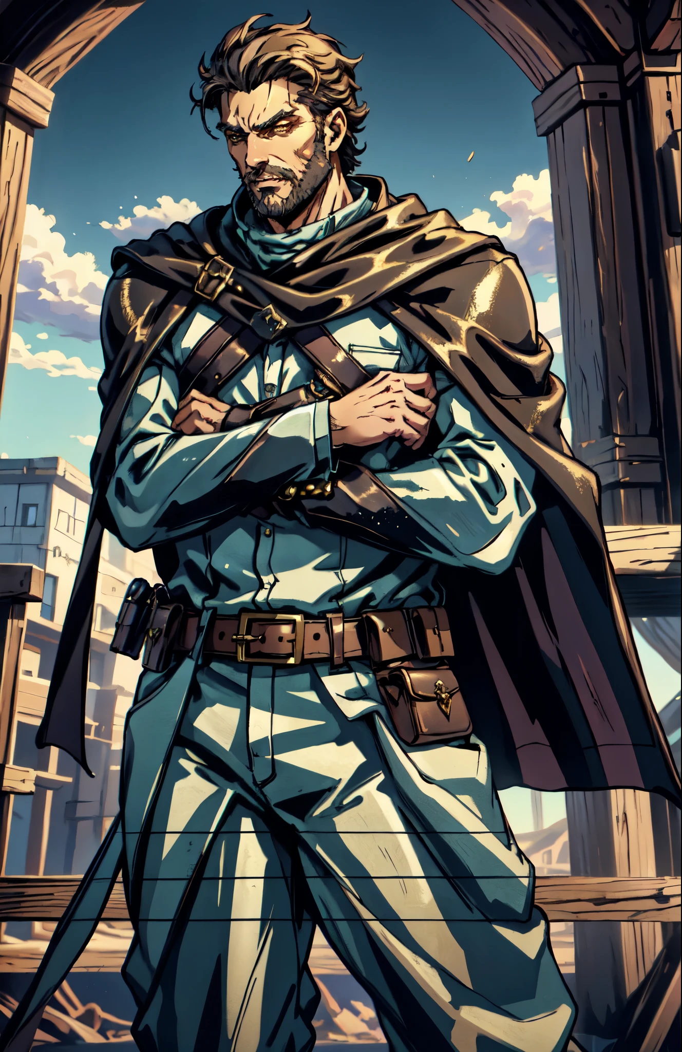 (masterpiece:1.2, best quality:1.2, extremely delicate:1.2), ((male:1.5)), a middle-aged man with short black and gold hair, rugged eyebrows, a full beard, downturned triangular eyes, an arrogant expression, mouth open laughing, a tall and robust build, a fantasy western-style cape and leather coat, his arms crossed over his chest, a leather utility belt, loose canvas trousers, standing majestically on a barren hillside, this character embodies a finely crafted fantasy western-style overlord in anime style, exquisite and mature manga art style, dramatic, high definition, highres, ultra-detailed, ultra-fine painting, professional, perfect body proportions, golden ratio, anatomically correct, symmetrical face, extremely detailed eyes and face, high quality eyes, creativity, RAW photo, UHD, 32k, Natural light, cinematic lighting, (masterpiece-anatomy-perfect:1.2)