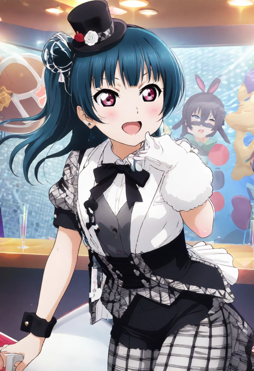 Girl in white top hat and tuxedo、Bunny ears、Choker with large pocket watch、Running Girl、Flustered figure、In the woodasterpiece, best quality, beautiful, exquisite, insanely detailed, hyper detailed, ultra detailed , delightful, smiling, looking at viewer, Japanese idol, in the afternoon, cute, beautiful, cell アニメ, アニメ, 2d アニメ, soft-edged, soft surface, 