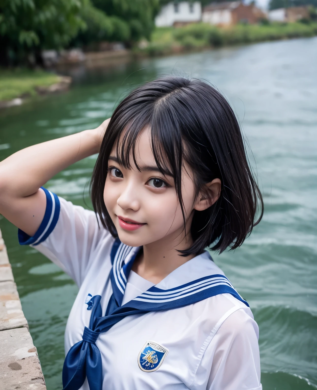 (masterpiece, 8k, best quality:1.2), in the river, outdoor, 1girl, 20 yo school girl,  smile, looking at viewer,  sailor uniform, wet clothes, soaked, wet hair, wet skin, translucent, glistening with oil, drenched, bright sunshine, soaked heavy clothes, playful, black hair, short bob