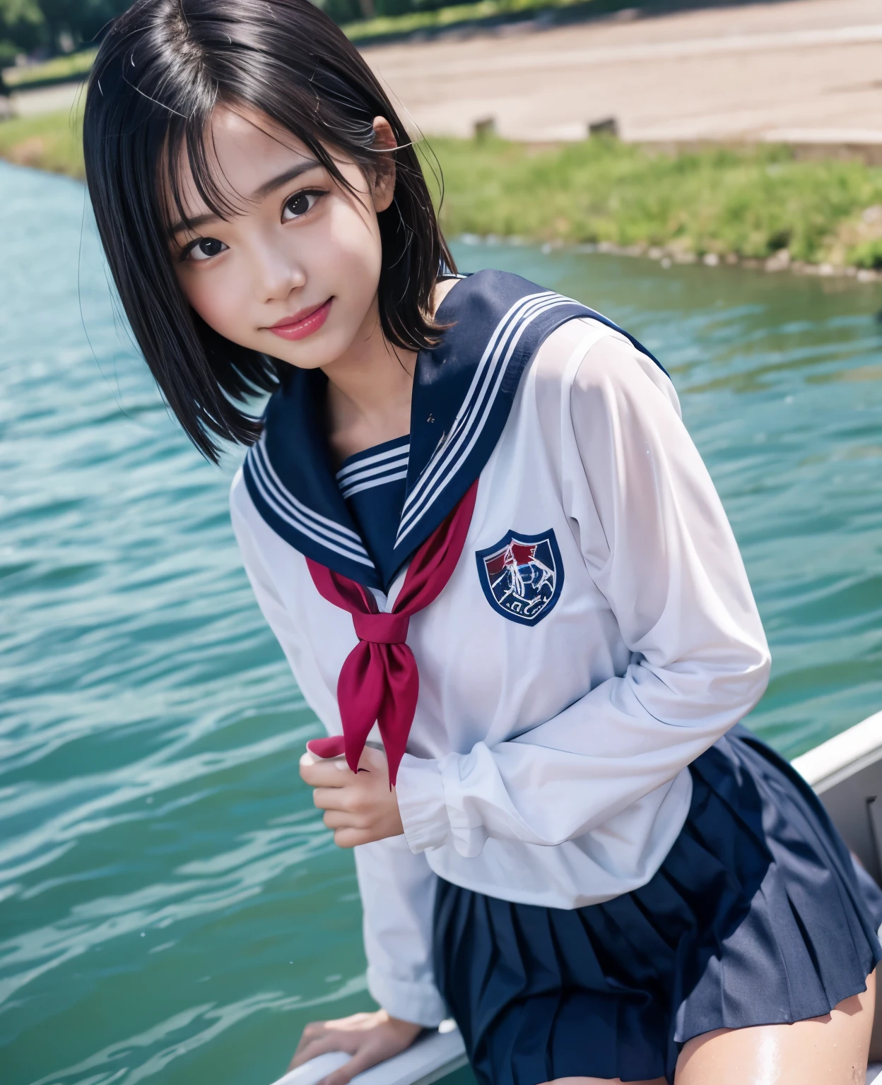 (masterpiece, 8k, best quality:1.2), in the river, outdoor, 1girl, 20 yo school girl,  smile, looking at viewer,  sailor uniform, wet clothes, soaked, wet hair, wet skin, translucent, glistening with oil, drenched, bright sunshine, soaked heavy clothes, playful, black hair, short bob