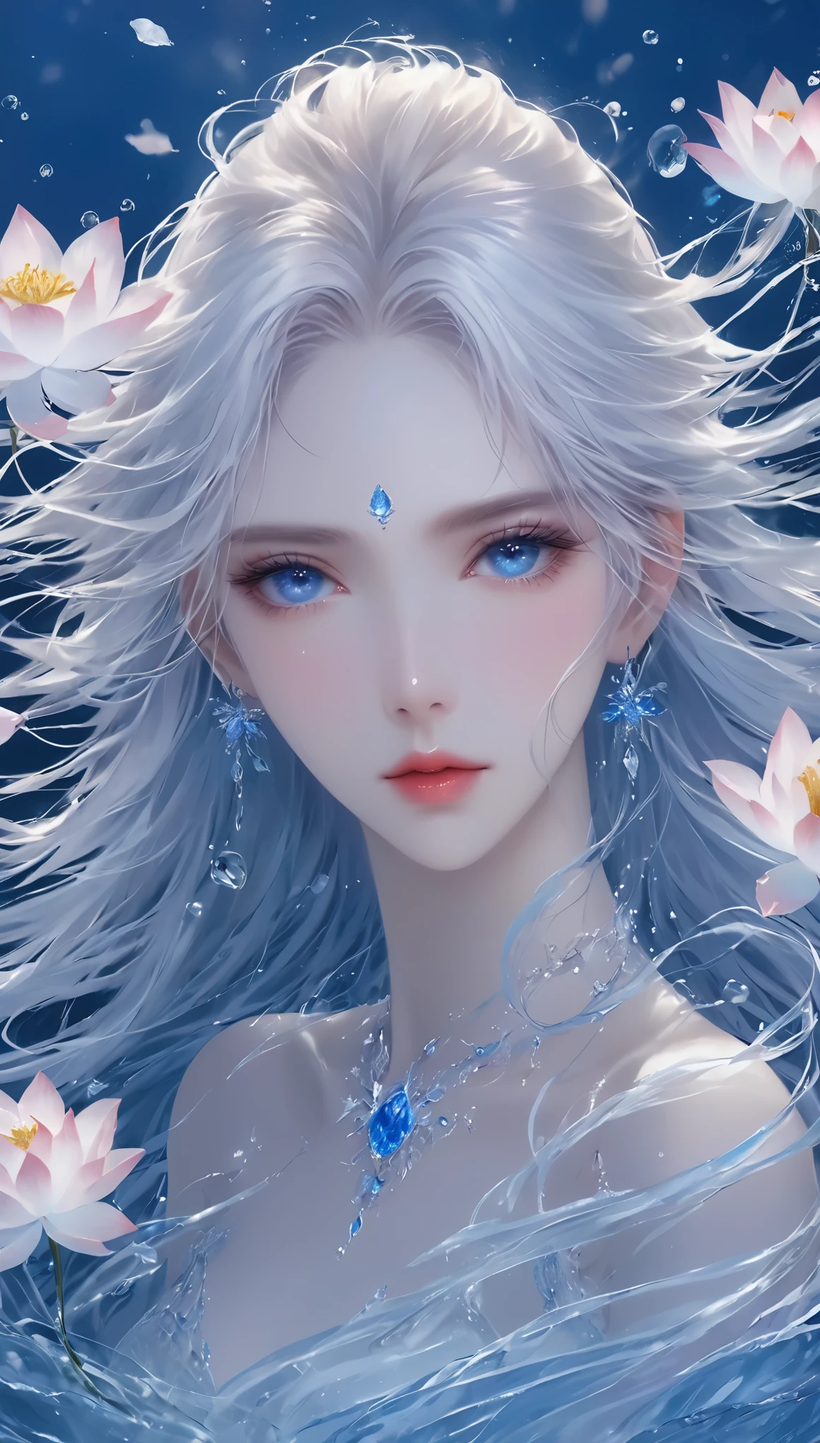 Seven part photos, masterpiece, best quality, Official Art, Extremely detailed CG 8k wallpaper,(Flying petals)(Detailed ice) , water晶质感皮肤, Cold expression, White hair, Long hair, Messy hair, blue eyes, Looking at the audience, Extremely refined, water, ((Beautiful and delicate eyes)), Very detailed, light,((Pretty Face),fine water surface, (Original figure painting), Very detailed, Very detailed, (Extremely refined), Beautiful and delicate eyes,