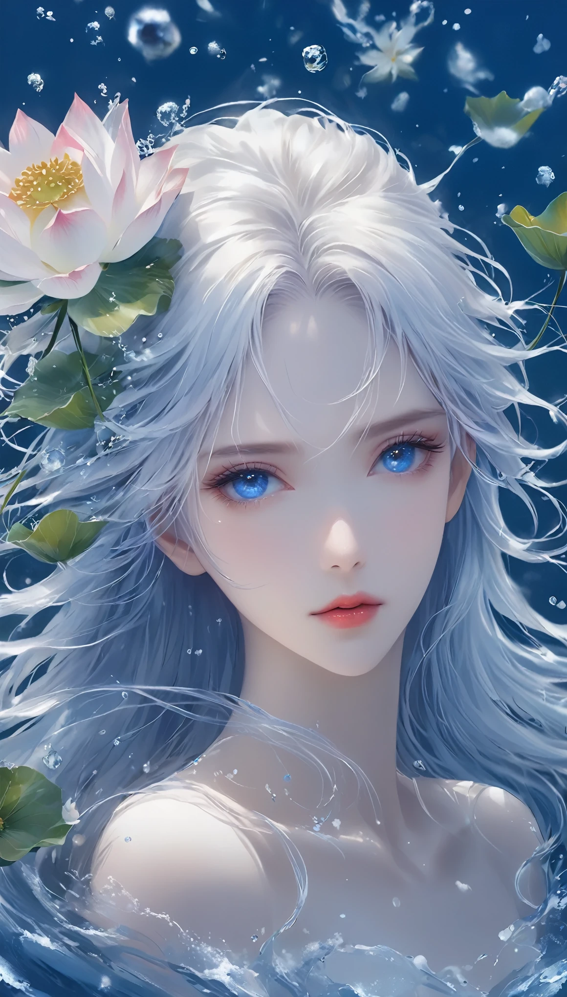 Seven part photos, masterpiece, best quality, Official Art, Extremely detailed CG 8k wallpaper,(Flying petals)(Detailed ice) , water晶质感皮肤, Cold expression, White hair, Long hair, Messy hair, blue eyes, Looking at the audience, Extremely refined, water, ((Beautiful and delicate eyes)), Very detailed, light,((Pretty Face),fine water surface, (Original figure painting), Very detailed, Very detailed, (Extremely refined), Beautiful and delicate eyes,