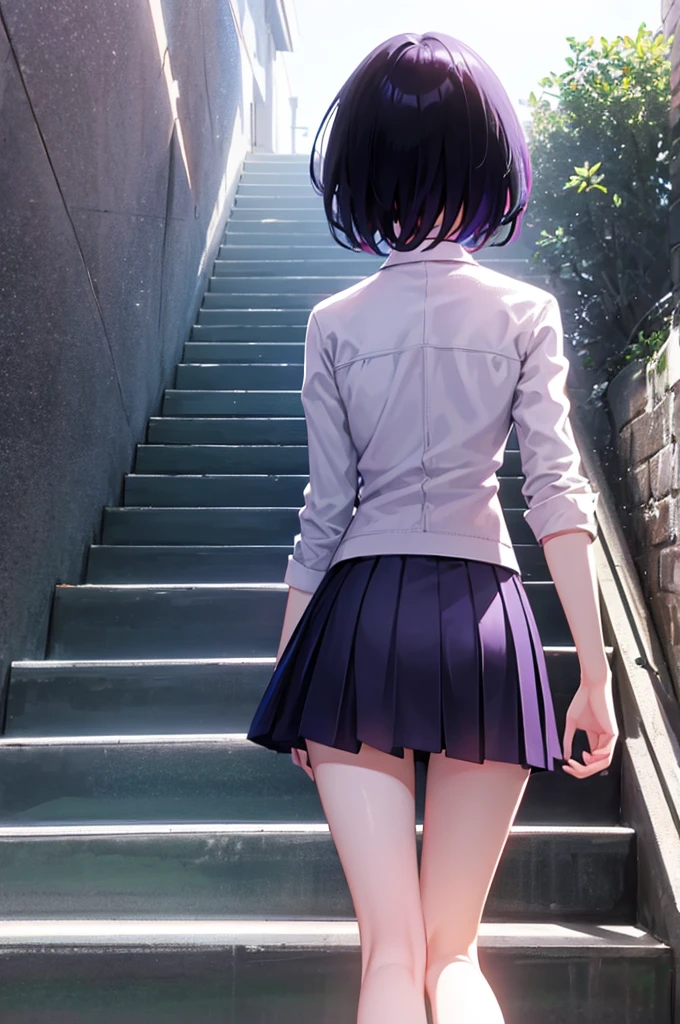 Angle from below、Climbing stairs、Back view、mini skirt、Blushing、Black Hair、short hair、Pale reddish purple eyes、、Panty shot、