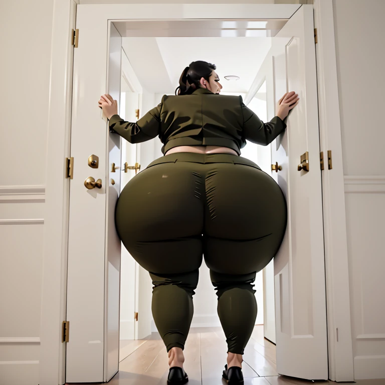 masterpiece, 1girl behind a doorway, from behind, (doorstuck, stuckback:1.3), ssbbw ,huge wide hips, round belly, thick thighs, giant butt,colorful clothing, wearing a olive green suit and tie and formal pants, upset, desperately trying to wiggle through, she tries to free herself but she won't budge, she is stuck tight view from behind, she is too wide, the doorway is quite narrow too, she kicks her legs furiously, trying to wiggle her hips through the small door, but its no good, the door is too small, she keeps trying to squeeze through with frustration, she is stuck too tight