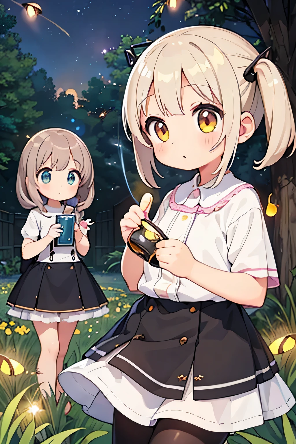 Highest quality、High resolution、Detailed Background、(Beautiful face in every detail:1.4)、Anatomically correct、(Normal number of fingers:1.2)、Detailed eyes、Teenage beauty、Highly detailed face、Perfect body line、Light color hair、Bobcut、Braided Ponytail、Braided twin tails、well-groomed eyebrows、Natural beauty、Excited、(Under the night sky:1.2)、A fun atmosphere、Cowboy Shot、(Two girls searching for and observing fireflies:1.5)、

The girl&#39;s eyes sparkle、The small hand points to the surface of the river、My friend and I are following the glow of fireflies through the bushes.、
While calling out to each other, they searched carefully through the grass.、The light of fireflies appearing one by one from among the bushes、
Using the light of a flashlight, I approached quietly and observed、The girls are fascinated by the fireflies that shine so hard with their small bodies.、
Friends watching fireflies through a magnifying glass and drawing pictures in a sketchbook、Open the illustrated book and discuss the types of fireflies and their ecology.、

Incorporate bright colored tops and reflective materials instead of just black or navy blue、T-shirts and 、Black leggings、sandals、Insect repellent spray、flashlight、drink、towel、Insect netting、Keep the flashlight light low、magnifying glass、Illustrated Book、Wonderful summer memories、cute
