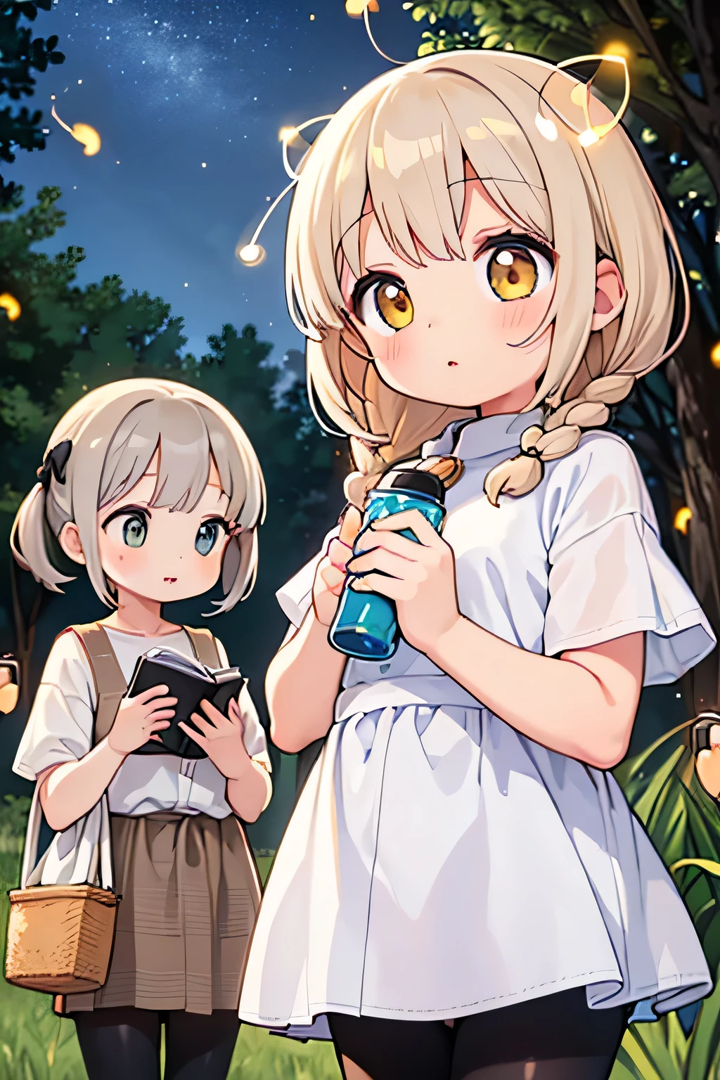 Highest quality、High resolution、Detailed Background、(Beautiful face in every detail:1.4)、Anatomically correct、(Normal number of fingers:1.2)、Detailed eyes、Teenage beauty、Highly detailed face、Perfect body line、Light color hair、Bobcut、Braided Ponytail、Braided twin tails、well-groomed eyebrows、Natural beauty、Excited、(Under the night sky:1.2)、A fun atmosphere、Cowboy Shot、(Two girls searching for and observing fireflies:1.5)、

The girl&#39;s eyes sparkle、The small hand points to the surface of the river、My friend and I are following the glow of fireflies through the bushes.、
While calling out to each other, they searched carefully through the grass.、The light of fireflies appearing one by one from among the bushes、
Using the light of a flashlight, I approached quietly and observed、The girls are fascinated by the fireflies that shine so hard with their small bodies.、
Friends watching fireflies through a magnifying glass and drawing pictures in a sketchbook、Open the illustrated book and discuss the types of fireflies and their ecology.、

Incorporate bright colored tops and reflective materials instead of just black or navy blue、T-shirts and 、Black leggings、sandals、Insect repellent spray、flashlight、drink、towel、Insect netting、Keep the flashlight light low、magnifying glass、Illustrated Book、Wonderful summer memories、cute