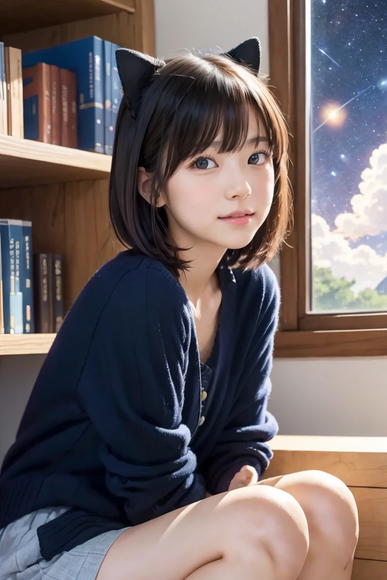 Anime cat-eared girl sitting on a shelf and looking at the sky, Anime drawings inspired by Makoto Shinkai, Topics on pixiv, Space Art, Makoto Shinkai Cyril Rolland, 4k anime wallpaper, Anime Art Wallpapers 8K, anime art wallpaper 4k, anime wallpaper 4k, anime wallpaper 4k, anime wallpaper 4k