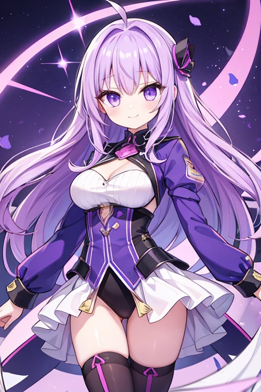 best qualityer, high qualiy, A beautiful girl, standing alone, Beautiful purple hair, beautiful purple eyes, drlight smile,