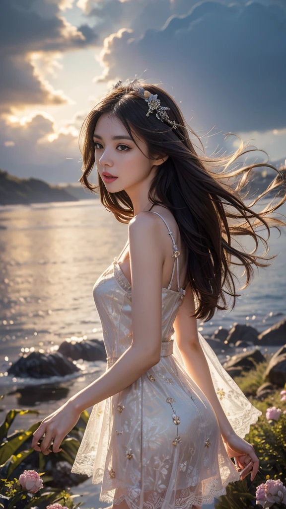 8K, UHD, masterpiece, 1 girl, good face, very long hair, detailed eyes, detailed lips, light makeup, small breasts, ((ornament dress)), yellow dress, ((strap lace)), stocking, in the cloud, cloudy sky, flowers, water, heaven, flying birds, dim lighting, realistic shadow, bloom, ray tracing,