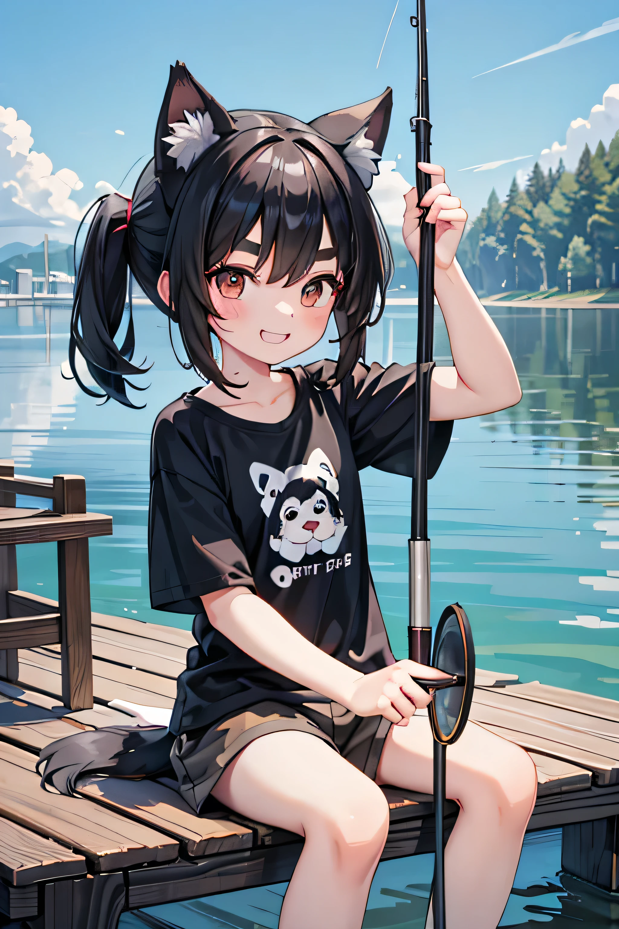 fishing rod,Dog ears,1girl,Black Hair,Thick eyebrows,Fishing port,Fishing,smile,perfect hands,perfect face,Black T-shirt,Brown shorts,,8yo,