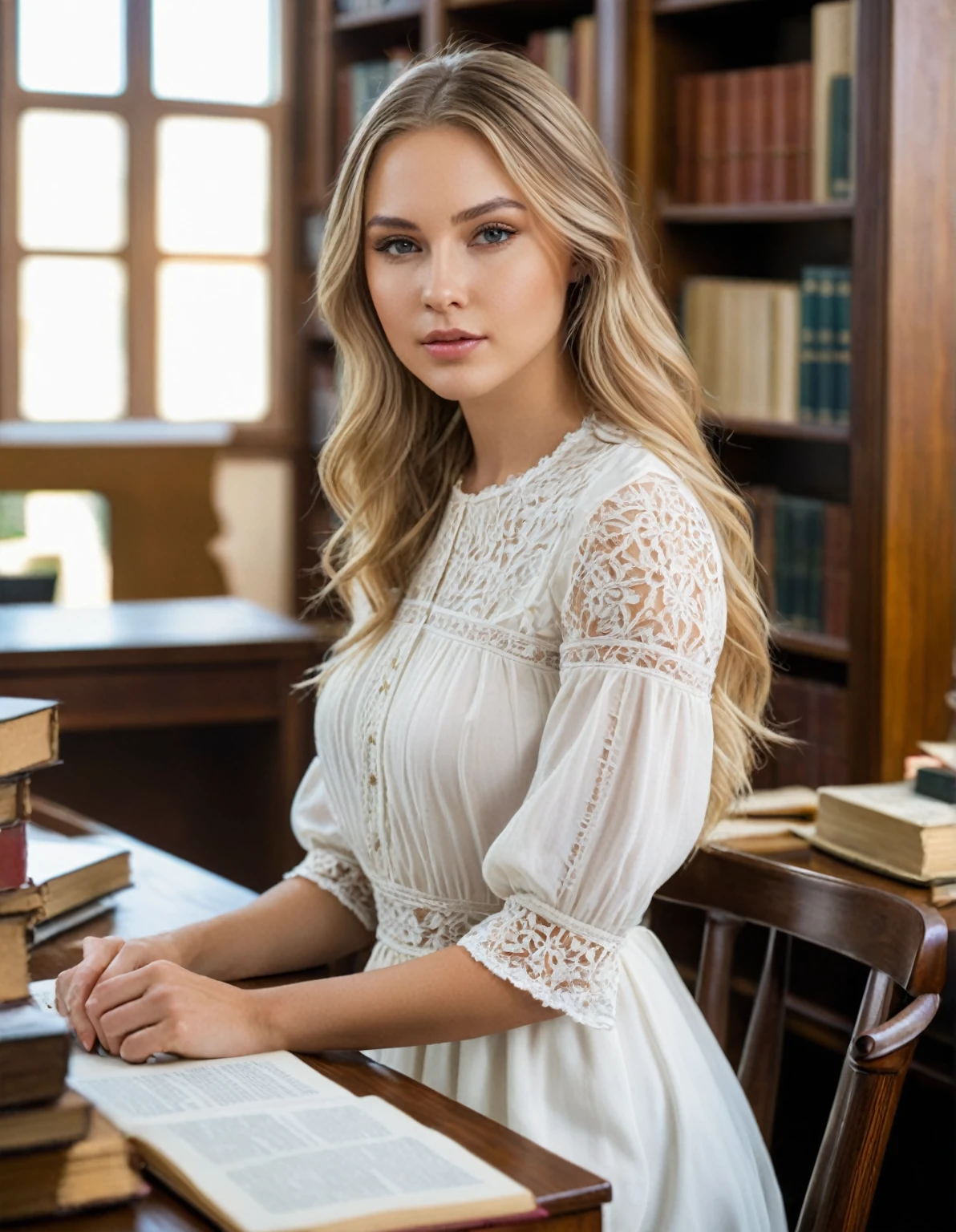 Extremely light white woman, young, neoteny,adult, very long and straight light blonde hair, full body,angelical face, large rounded ????, thin waist, curved ???? ???? feet, hyper realistic, angelical face, hourglass body, ???? body, big ,in a room,welcoming, affectionate and kind personality,hourglass body, curves,facial features identical to the image,hyper realistic