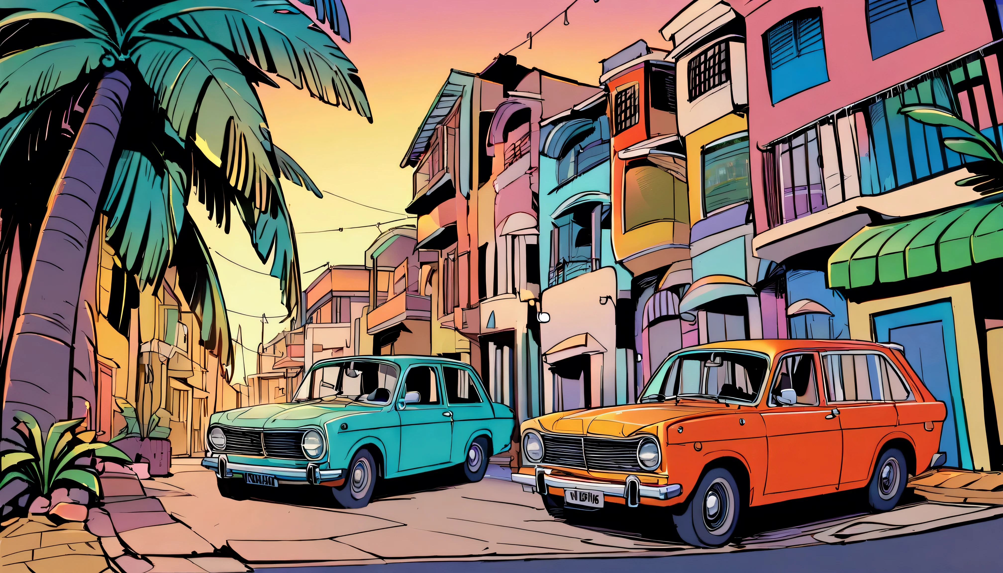 ((ＴShirt Design)), Ford Anglia Super 123E, Sunset background, Palm tree, Layers with 5 colors, Corner Street, Belek&#39;s Drums, Plethean, 