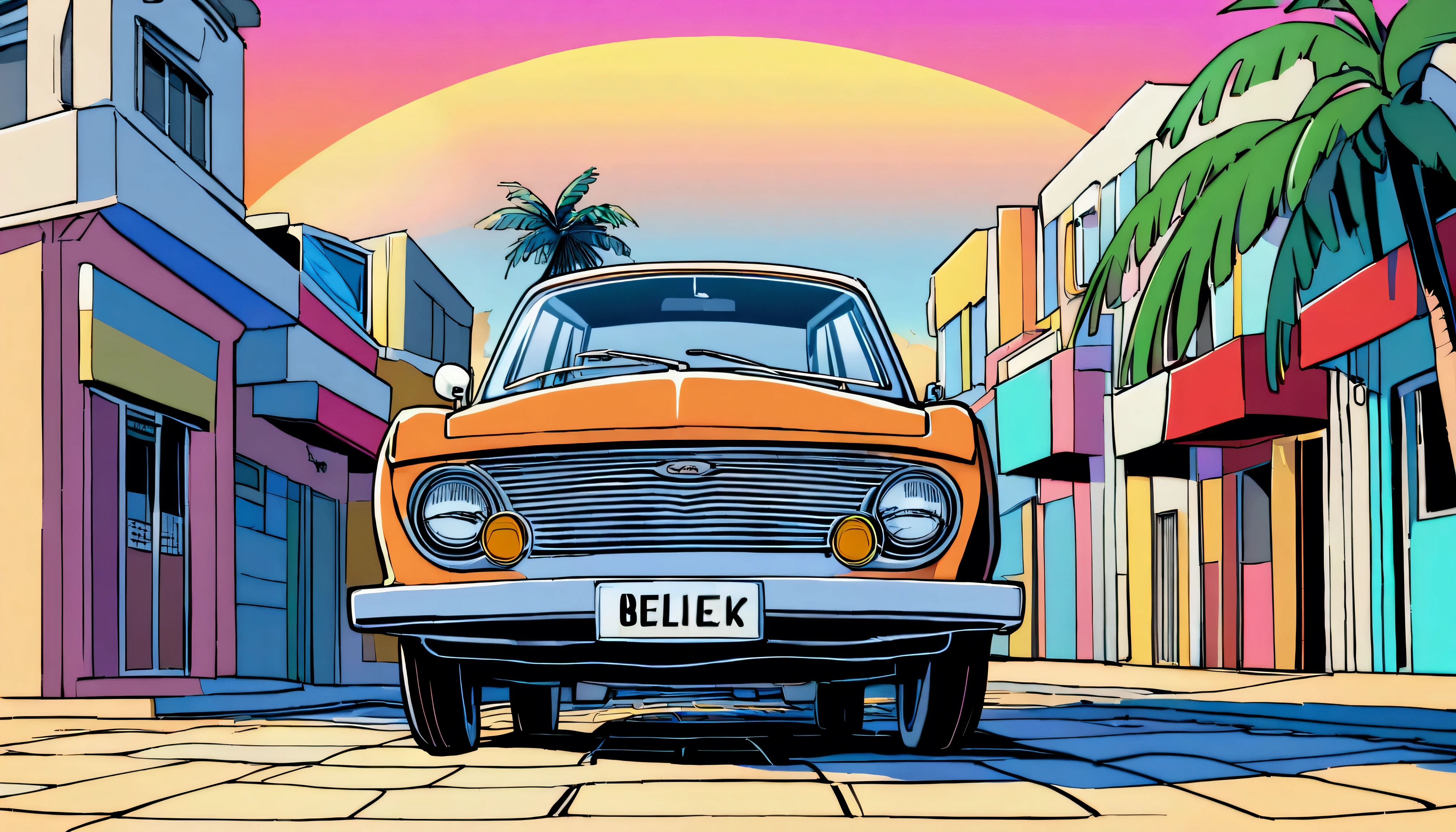 ((ＴShirt Design)), Ford Anglia Super 123E, Sunset background, Palm tree, Layers with 5 colors, Corner Street, Belek&#39;s Drums, Plethean, 