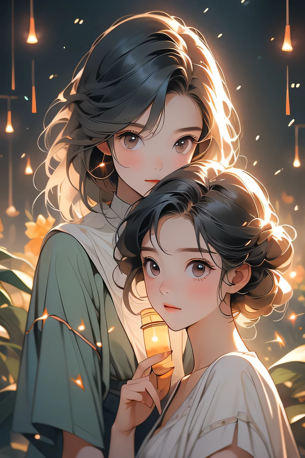 Highest quality、High resolution、Detailed Background、(Beautiful face in every detail:1.4)、Anatomically correct、(Normal number of fingers:1.2)、Detailed eyes、Teenage beauty、Highly detailed face、Perfect body line、Light color hair、Bobcut、Braided Ponytail、Braided twin tails、well-groomed eyebrows、Natural beauty、Excited、(Under the night sky:1.2)、A fun atmosphere、Cowboy Shot、(Two girls searching for and observing fireflies:1.5)、
The girl's eyes sparkle、The small hand points to the surface of the river、My friend and I are following the glow of fireflies through the bushes.、
While calling out to each other, they searched carefully through the grass.、The light of fireflies appearing one by one from among the bushes、
Using the light of a flashlight, I approached quietly and observed、The girls are fascinated by the fireflies that shine so hard with their small bodies.、
Friends watching fireflies through a magnifying glass and drawing pictures in a sketchbook、Open the illustrated book and discuss the types of fireflies and their ecology.、
Incorporate bright colored tops and reflective materials instead of just black or navy blue、T-shirts and 、Black leggings、sandals、Insect repellent spray、flashlight、drink、towel、Insect netting、Keep the flashlight light low、magnifying glass、Illustrated Book、Wonderful summer memories、cute