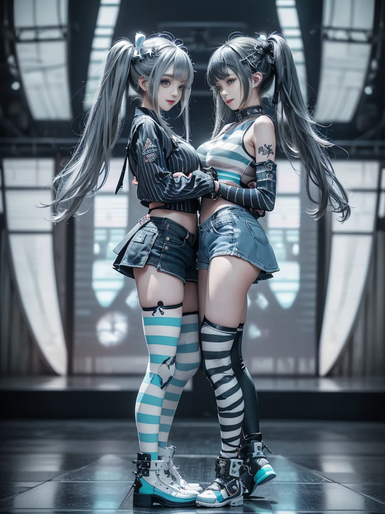 (Full Body View:1.2)、(Side view:1.1)、(Smiling with teeth showing:1.3),(Shibuya Gal:1.5)、(Fashion in the style of Gothic Lolita:1.5)、(Punk rock visual kei:1.5)、(Wearing a rhythmic gymnastics bodysuit with intricate details:1.4)、(Complex white racing suit and pants, Denim and turquoise decor:1.5)、(Denim and light blue and white boots:1.3)、((belt))、(A number of subtle logos are featured throughout the costume々:1.4)、(collar:1.3)、(Striped underwear:1.5)、20-year-old、Browsing Caution、((Highest quality、In 8K、masterpiece:1.3))、Sharp focus:1.2、(Layered Cut、Huge boobs:1.1),Beautiful woman with perfect figure:1.4、(Dance vigorously:1.3)、Slim Abs:1.2、Highly detailed face and skin texture、Detailed eyes、double eyelid,(Twin tails:1.3)、(Dark silver hair:1.3)、Idol Sculpture、(The background is the stage for a fashion show:1.3)、(The body is slim:1.3),(Slimming your legs:1.4),（clavicle:1.1）、(Thin and slim thighs:1.3)