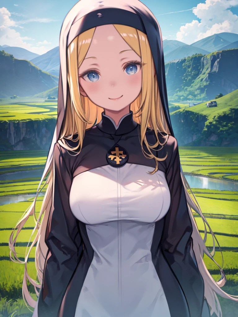 One Woman、Nuns、Black monastic vestments、White collar、Medallion、Blonde Hair、long hair、Blue Eyes、Smiling、W Mouth、Rural Scenery、Paddy field、blue sky、Big Breasts、The forehead is visible、Watching the audience、Upper Body、