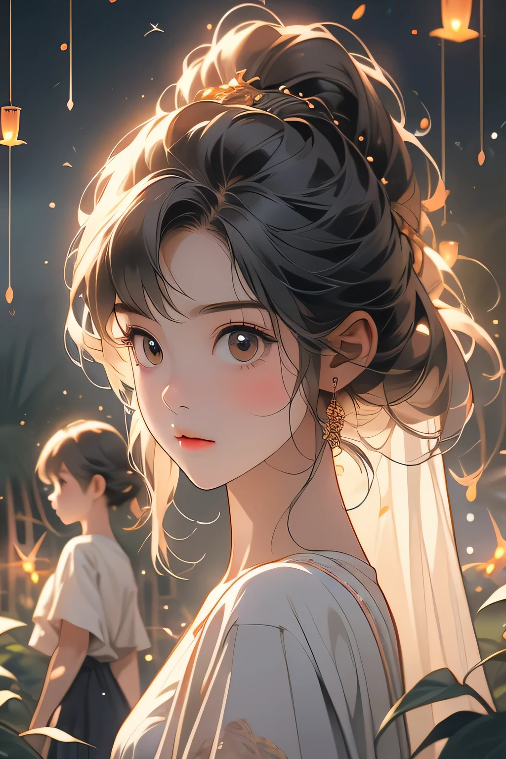 Highest quality、High resolution、Detailed Background、(Beautiful face in every detail:1.4)、Anatomically correct、(Normal number of fingers:1.2)、Detailed eyes、Teenage beauty、Highly detailed face、Perfect body line、Light color hair、Bobcut、Braided Ponytail、Braided twin tails、well-groomed eyebrows、Natural beauty、Excited、(Under the night sky:1.2)、A fun atmosphere、Cowboy Shot、(Two girls searching for and observing fireflies:1.5)、
The girl's eyes sparkle、The small hand points to the surface of the river、My friend and I are following the glow of fireflies through the bushes.、
While calling out to each other, they searched carefully through the grass.、The light of fireflies appearing one by one from among the bushes、
Using the light of a flashlight, I approached quietly and observed、The girls are fascinated by the fireflies that shine so hard with their small bodies.、
Friends watching fireflies through a magnifying glass and drawing pictures in a sketchbook、Open the illustrated book and discuss the types of fireflies and their ecology.、
Incorporate bright colored tops and reflective materials instead of just black or navy blue、T-shirts and 、Black leggings、sandals、Insect repellent spray、flashlight、drink、towel、Insect netting、Keep the flashlight light low、magnifying glass、Illustrated Book、Wonderful summer memories、cute