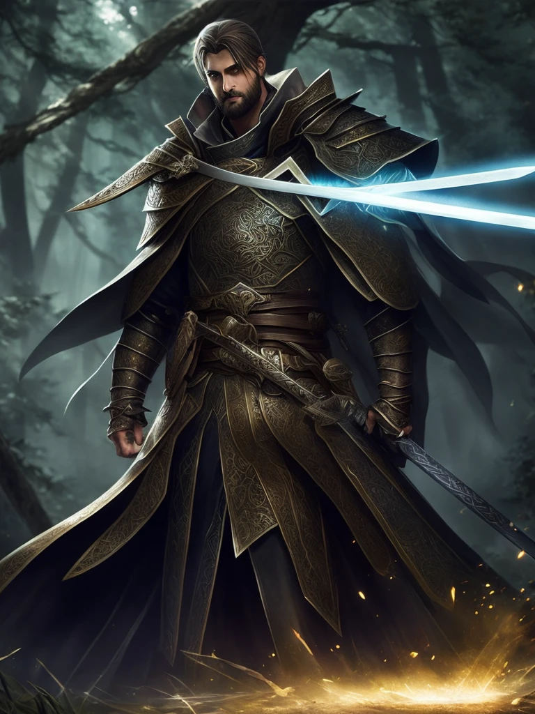 Drawing Arcane guardian berseke forest swordsmen artwork drawing quality light flourishing man games magic power holdingagreatsword