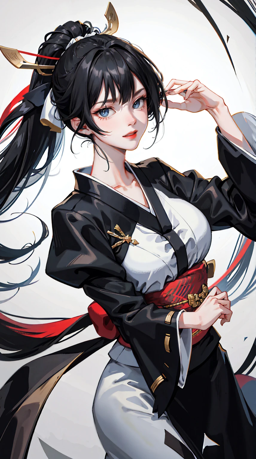 Black hair, bangs, curtained hair, crossed bangs, Long hair, Messy hair, pony tails, Very long hair, Black hair, bangs, curtained hair, crossed bangs, Long hair, Messy hair, pony tails, Very long hair, Big hair, side hair bun, hair ear, hair tying, hair flaps, widow peak, head gear, Hair ribbon, kanzashi, hairpods, white hair ribbon, Moles under eyes, Raised eyebrows, eyeball, Evil smile, crazy, Shy, scowling, jitome, gloom (expression), Seductive smile, anime big breast, Minimalism, Anime style, anime big breast, Minimalism, Anime style, angle of view, From above, hyper HD, retinas, Masterpiece, ccurate, Textured skin, Super detail, High quality, High details, Award-Awarded, Best quality, A high resolution, 16k, hyper HD, retinas, Masterpiece, ccurate, Textured skin, Super detail, High quality, High details, Award-Awarded, Best quality, A high resolution, 16k((Hold the sword))((Undressed kimono))Big Breasts