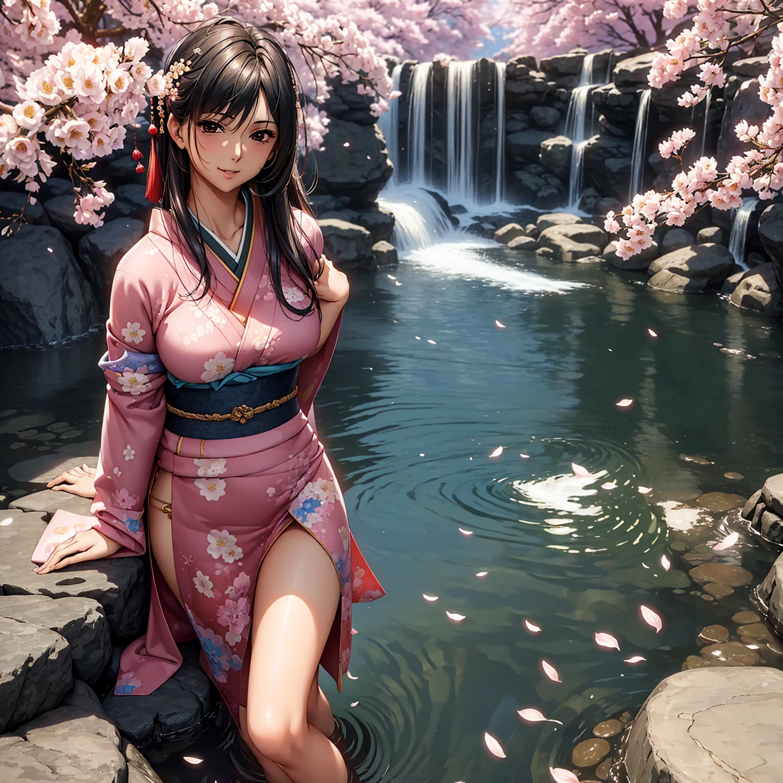 (((Highest quality、masterpiece、Very high resolution、Highly detailed images))),Beauty Painting,(A woman of perfect and ultimate beauty:18-year-old, Beautiful body:Slender and beautiful breasts、Beautiful Face:smile、Beautiful Hair:Colored)、(Best skin and hair texture)、((Beautiful Japanese Kimono:Floral)),He has a fan in his hand、Beautiful waterfront:Cherry blossoms and waterfall,Natural light,Beautiful views,Beautiful colors,Beautiful posture,Realistic skin and body textures:1.5、Realistic breast texture:1.5、(Beautiful posture:1.5)、Model pose、Sculpture Pose、Photo engraving、photo shoot、Overall image、Accurate Images、Accurate anatomy、Perfect Image,Beautiful images,(Best Shot,RAW Photos:1.2)