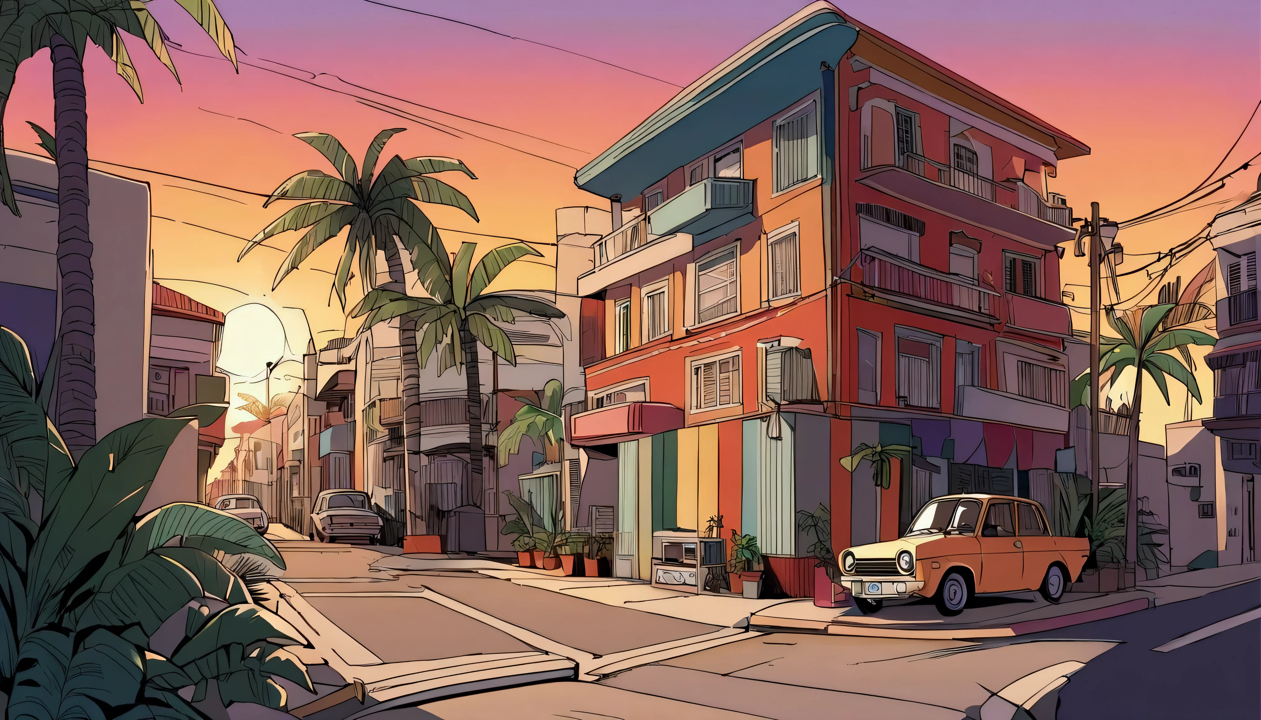 ((TShirt Design)), Ford Anglia Super 123E, Sunset background, Palm tree, Layers with 5 colors, Corner Street, Belek's Drums, Plethean,