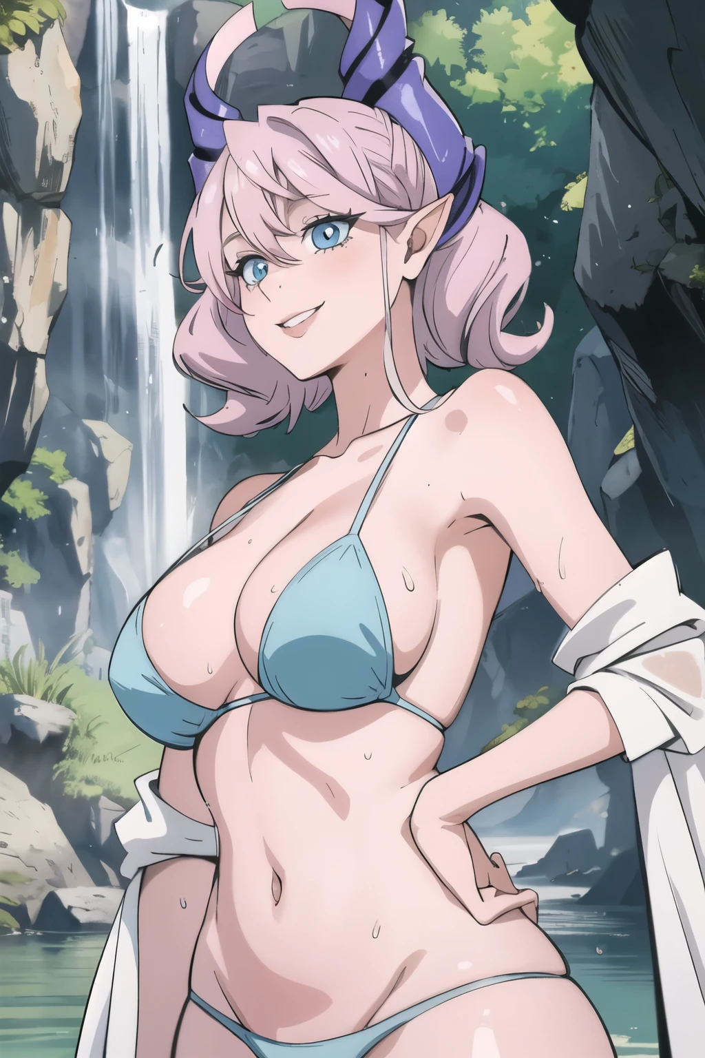 Waterfalls High level image quality best image quality 8K adult woman background a lake in the middle of jungle outside more colors whole body view portrait wearing deep pink bikini pink horn ears short wet hair((shortcut)(gray hair)(perm)(fluffy)) white skin , eye color is blue , fixed eyes , attractive evil face , smile , sexy pose , labrynth , barearm , wearing deep pink , standing, both hand squeezing breast