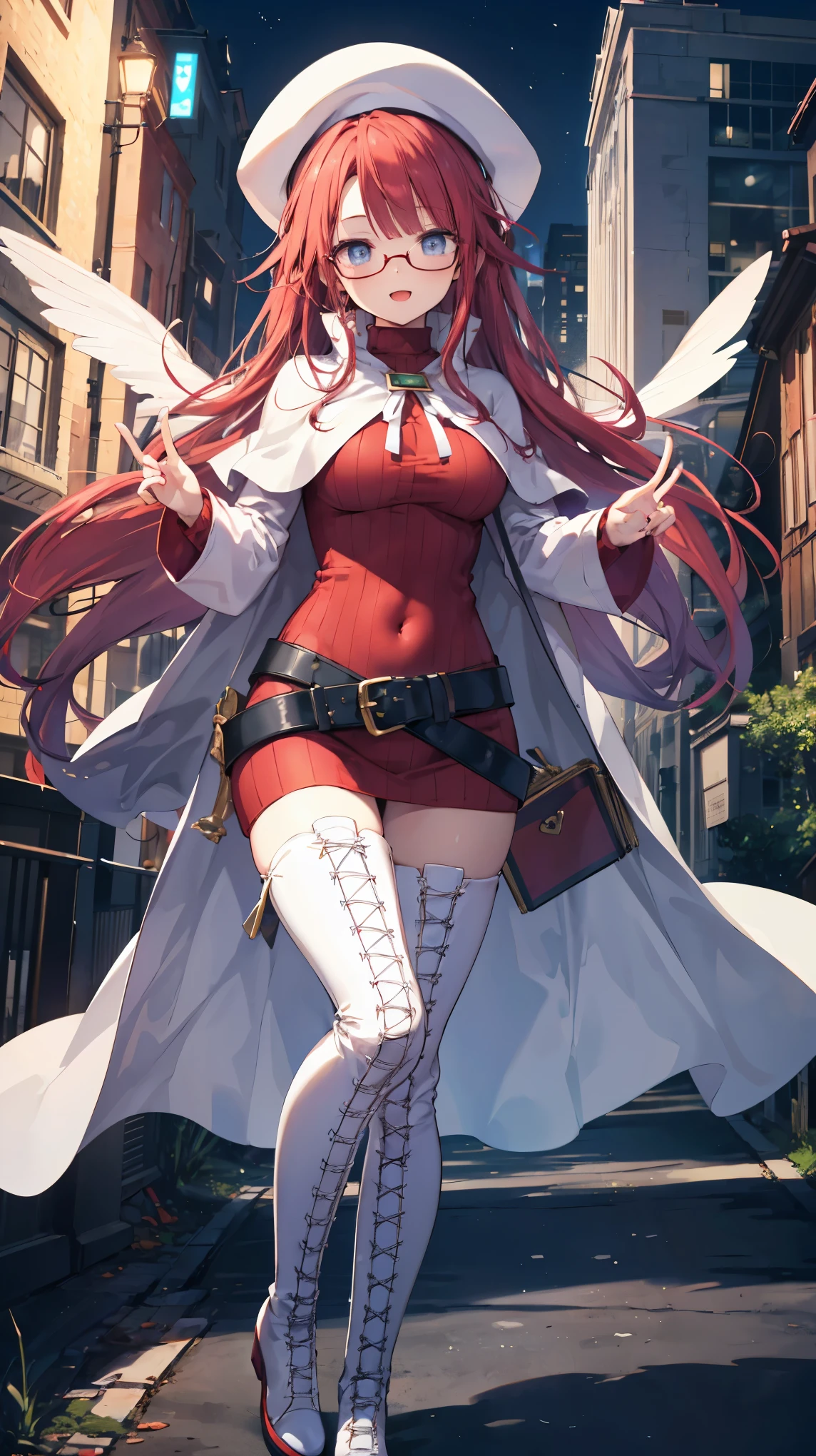 summonnightaty, aty, (young:1.3),long hair, blue eyes, red hair, big_tits, hat, glasses,
BREAK long hair, thighhighs, hat, dress, naked_legs, glasses, belt, cape, sweater, zettai ryouiki, beret, thigh boots, white footwear, ribbed sweater, loose belt,solo,
BREAK outdoors, fantasy,
,Highquality_hads,perfect_fingers,
BREAK (masterpiece:1.2), best quality, high resolution, unity 8k wallpaper, (illustration:0.8), (beautiful detailed eyes:1.6), extremely detailed face, perfect lighting, extremely detailed CG, (perfect hands, perfect anatomy),covered_nipples,covered_navel ,half_eyes,long_sword,sleepy_eyes,red_sweater,apart_knees,magical_effect,spread_legs, have_a_book,teacher,rise_knee,Smile,rise_hand,look_down_viewer,spread_arms,,looking_into,plump,open_mouth, dynamic_posing,solo,in_Emodern_town_landscape,night_sky,solo