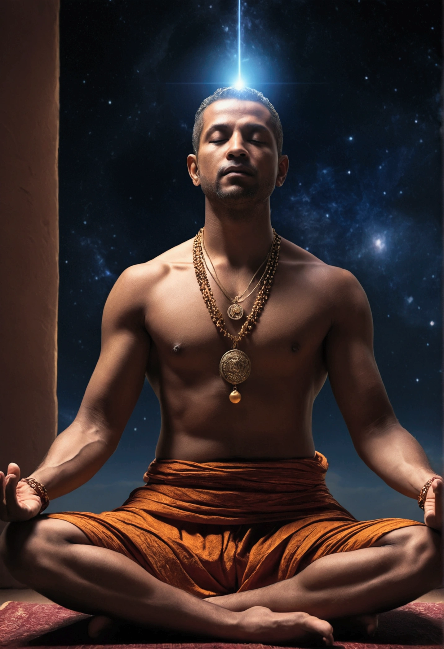 a man in a meditation pose, yoga, sitting, in connection with the divine, the planet Mercury in prominence, astral, capricorn horoscope symbol, chiaroscuro lighting, moody atmosphere, highly detailed, cinematic, dramatic lighting, atmospheric, photorealistic, hyper detailed, award winning, masterpiece, 8k, sharp focus, physically-based rendering, vibrant colors, intricate details