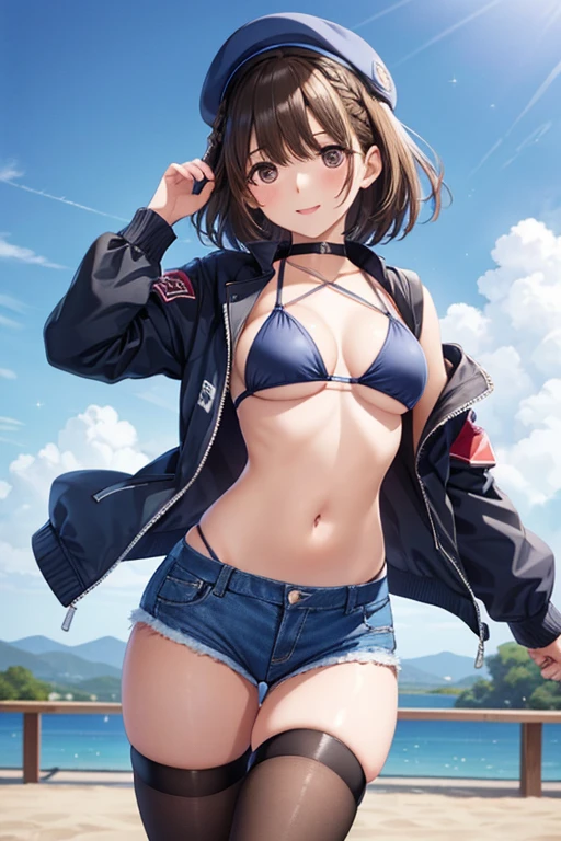 anegasaki nene、Shiny brown hair, short hair, (Beautiful brown eyes、Sparkling eyes, Fine grain)、smile、超Detailed eyes、Very detailed顔, 非常にDetailed eyes,

Highest quality, High resolution,

masterpiece, Highest quality, Very detailed, anime　(masterpiece:1.2), (Highest quality:1.3), (Very detailed:1.2), (超High resolution), (wonderful), (Great illustrations:1.1), One girl, 20-year-old, ,Detailed eyes, short hair, Brown Hair,French Braid, Blue hat, hunting, Race Queen, Black choker, Cleavage, multi strapped bikini, Harness, Cropped jacket, Blue jacket, Open clothes, Thigh straps, Blue knee socks, Micro Shorts, smile, Open your mouth, Race Queen pose,