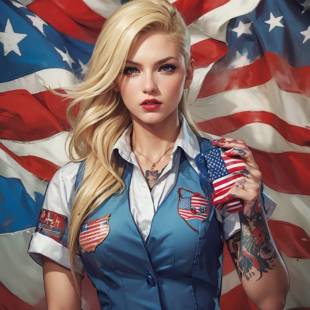 beautiful blonde waitress holding united states flag red blue white fist raised fight , colorful taatto and monkey tattoos]ap latex front portrait face to waist, advanced punk figurative art background, alex petruk style in the background written the word fitgh