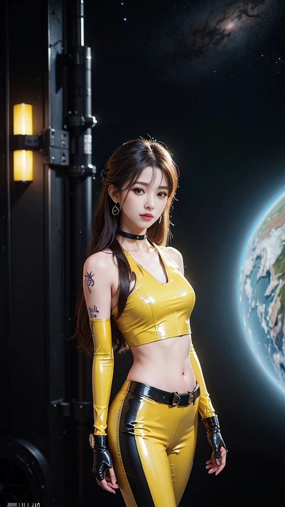 ((masterpiece:1.4)、(Highest quality:1.4)、(Realistic:1.7))、Masterpiece:1.4、(Top-notch rendering:1.4)、(Kaoru, the beautiful navigator of the Space Battleship Fuji:1.4)、Super Beauty航海士Kaoru、(By Luis Royo:1.4)、(A uniform that accentuates your beautiful figure:1.2)、(Futuristic sci-fi battle fashion:1.2)、(Street Style Wear)、(Tight Fit Pants)、(Shiny luxury latex:1.4)、(Luxury yellow latex:1.4)、19 years old、(Cute Tattoos:1.4)、(Wearing yellow gloves)、Cute Girl、Super Beauty、(Seductive pose)、Sharp Focus、Portrait Photography:1.4、8k、Photorealistic images:1.4、(Perfect female body:1.4)、Perfect proportions、(Standing:1.4)、(Upper body shot:1.4)、Beautiful Face、Fearless look、Beautiful Eyes、(A girl with a beautiful body and slender abdominal muscles)、(Narrow waist:1.4)、(9-body proportions beautiful girl:1.4)、(A beautiful girl with long legs and a good figure:1.4)、Beautiful feet:1.4、(Long Hair:1.2)、Heavy makeup、Eyeshadow、Glow Eye、Glow Lip、Beautiful breasts、Large Breasts:1.2、sexy ass、(Standing facing forward:1.4)、Raw photo、Red lips、Yellow high heels:1.4、choker:1.4、necklace:1.4、Earrings:1.4、1 Screen Display:1.4、Space Battleship Fuji's bridge:1.2
