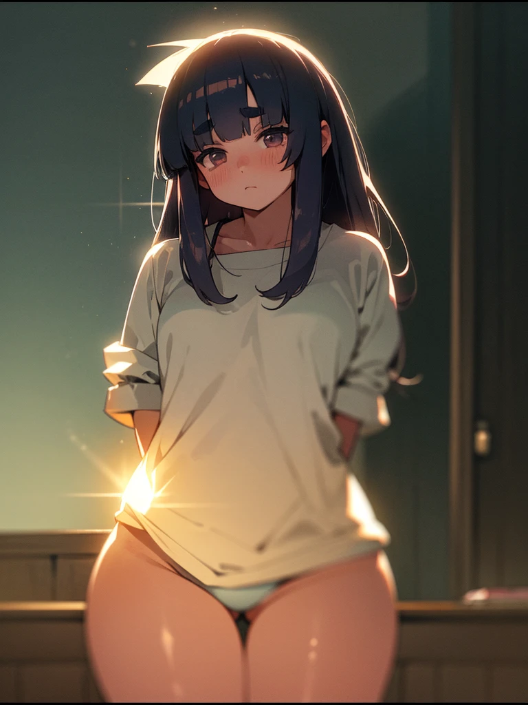 (Sumilux f1.4 50mm , low Latitude old color negative film , cross process , bokeh, flare, chromatic aberration , soft focus, (Shallow focus) , soft glow , Maximum aperture, low Key , Transparent depiction) , hentai horror style , shy girl , (Thick thighs) , (Short stature) , (blunt bangs , hanging down the back long hairstyle ) , (round maro eyebrows) , in the creepy mansion , dim light