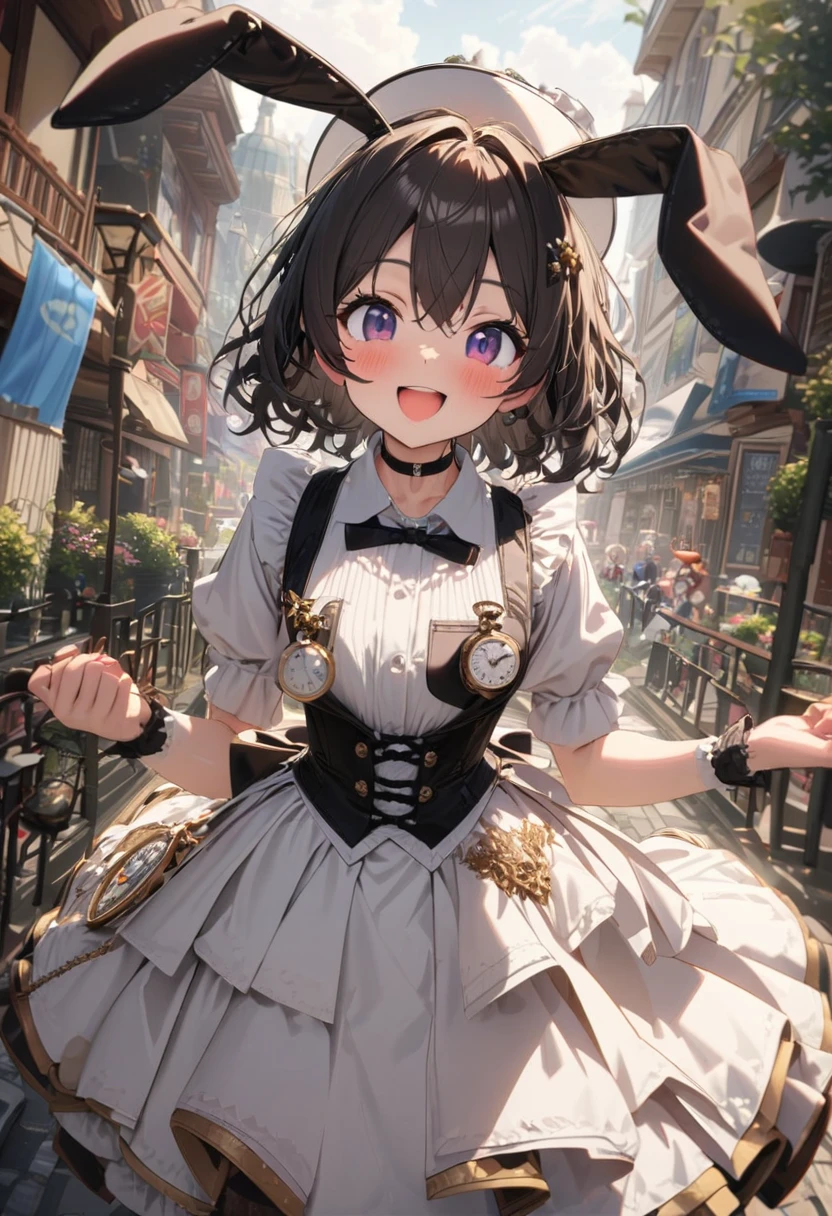 Girl in white top hat and tuxedo、Bunny ears、Choker with large pocket watch、Running Girl、Flustered figure、In the woodasterpiece, best quality, beautiful, exquisite, insanely detailed, hyper detailed, ultra detailed , delightful, smiling, looking at viewer, Japanese idol, in the afternoon, cute, beautiful, cell アニメ, アニメ, 2d アニメ, soft-edged, soft surface,