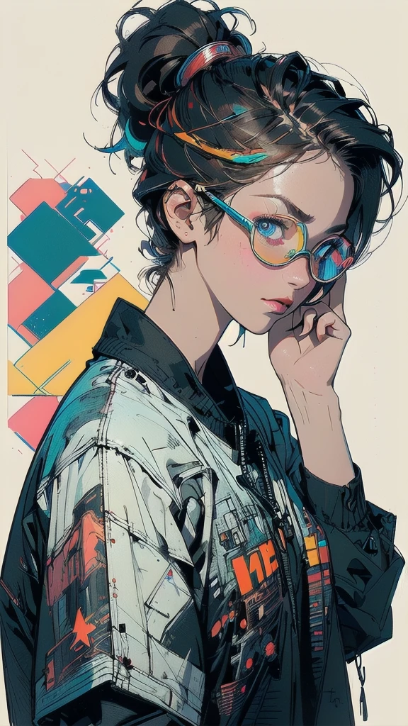 (((masterpiece, highest quality))),(((solo:1.2))),(((1girl:1.2))),32k wallpaper, very detailed, poster, vintage science fiction,(((((geometric cinematic movie poster))))), ((bauhaus)),(shape),(((abstract))),(mid century modern),movie poster,(((((portfolio))))),(((((Close-up))))),(((((bust up))))),((((more various angle)))),((((highlight)))),((((heterochromia)))),(((complete. detailed face))),((((Extremely talented)))),(((((most complecated futristic))))),(Colorful color scheme),(((detailed unlimited complete equipment : thermography huge goggle))),(((((Absolutely simple background))))),(((texture:grunge))),(((Cheek resting on hand)))
